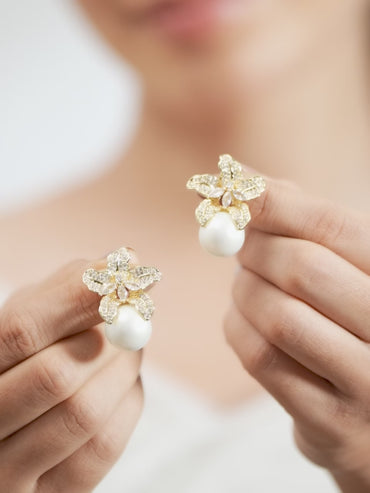 Crystal Bloom Pearl Drop Earrings
