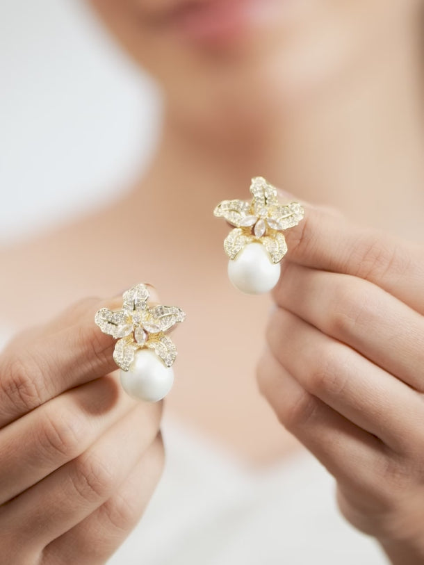 Crystal Bloom Pearl Drop Earrings