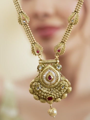 Red & White Studded Gold Beads Necklace Set