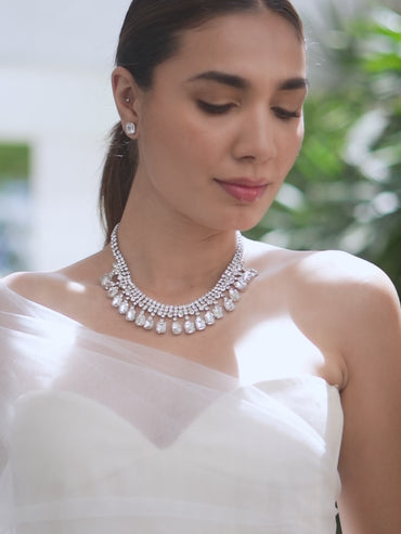 Silver Toned Cubic Drops Necklace Set