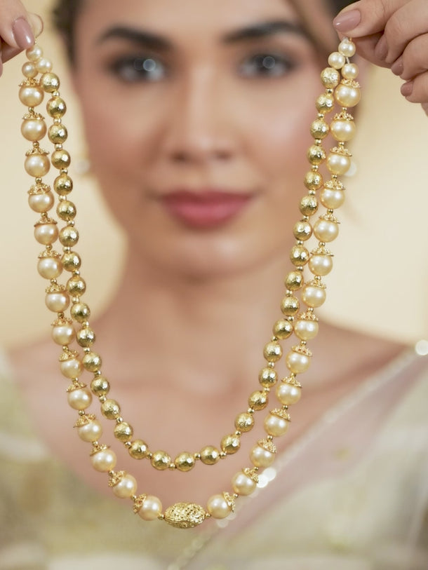 Rubans Traditional Handmade Pearl And Antique Gold Beads Strand Multilayer Necklace Set