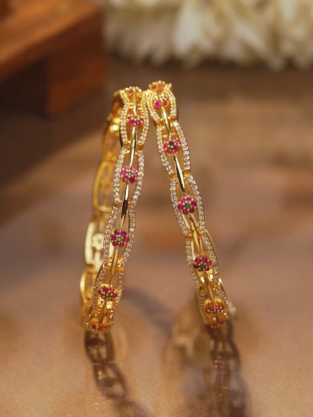 Rubans Set of 2 24K Gold Plated White Red and Green Kundan & Cubic Zirconia Studded Floral Bangles