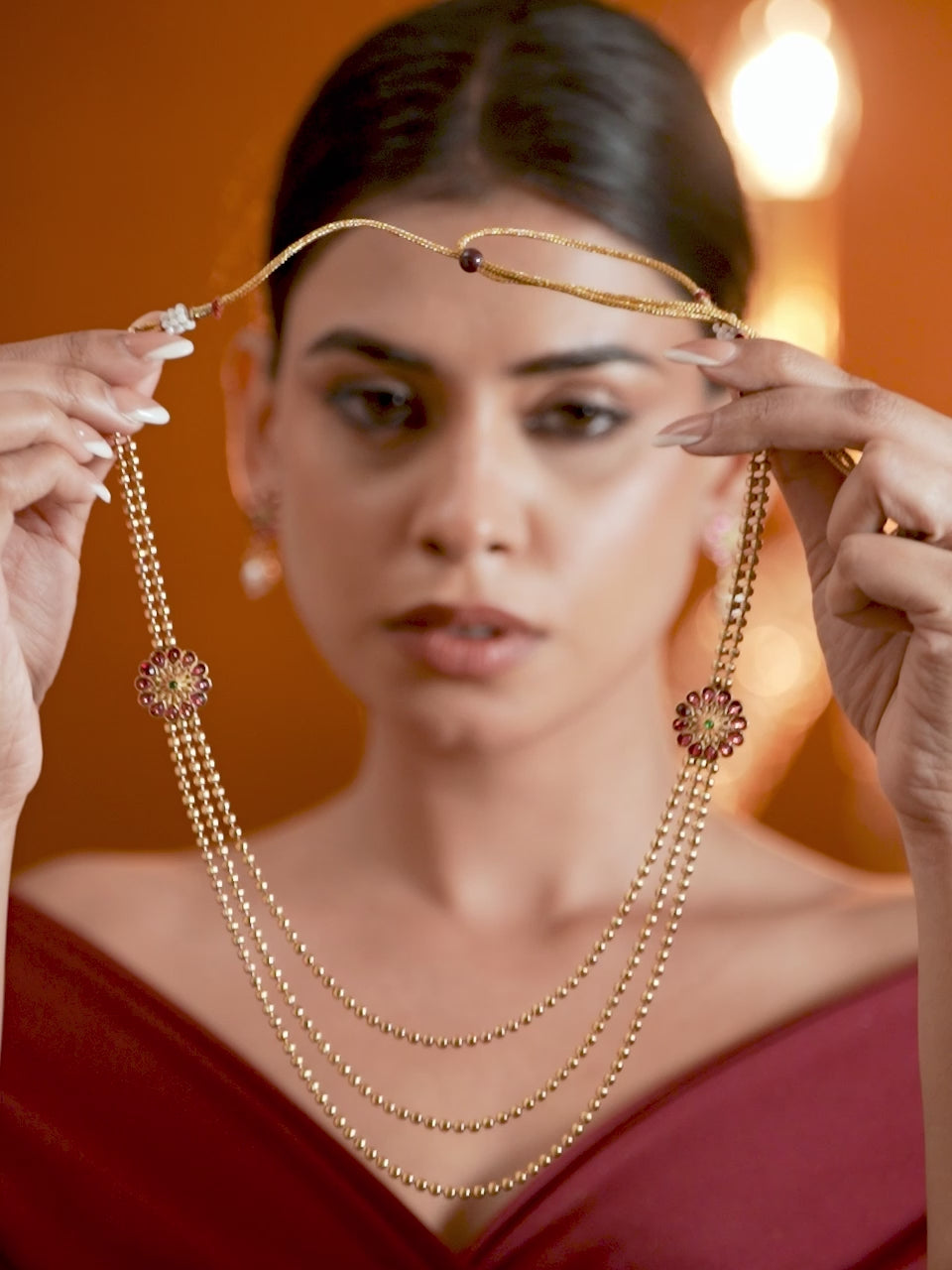 Rubans Traditional 18K Gold Plated Layered Necklace Set With Ruby Stoned Earrings