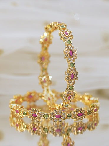 Rubans Set of 2, 22K Gold-Plated Ruby Pink & Emerald Green Stone Studded Handcrafted Bangles