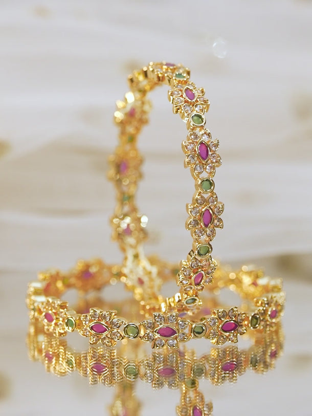 Rubans Set of 2, 22K Gold-Plated Ruby Pink & Emerald Green Stone Studded Handcrafted Bangles