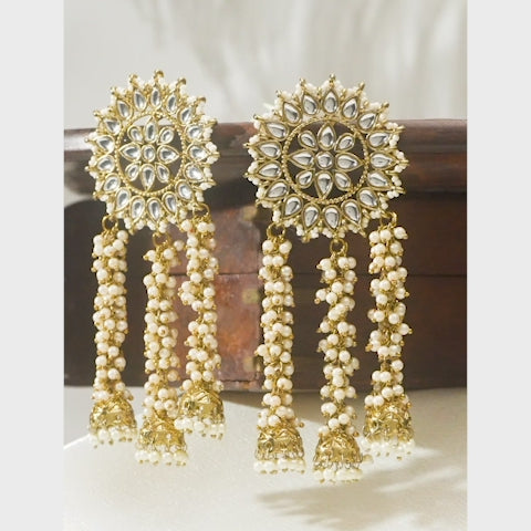 Rubans 22K Gold Plated Handcrafted Kundan Studded Floral Design 3-Layered Jhumka Earrings