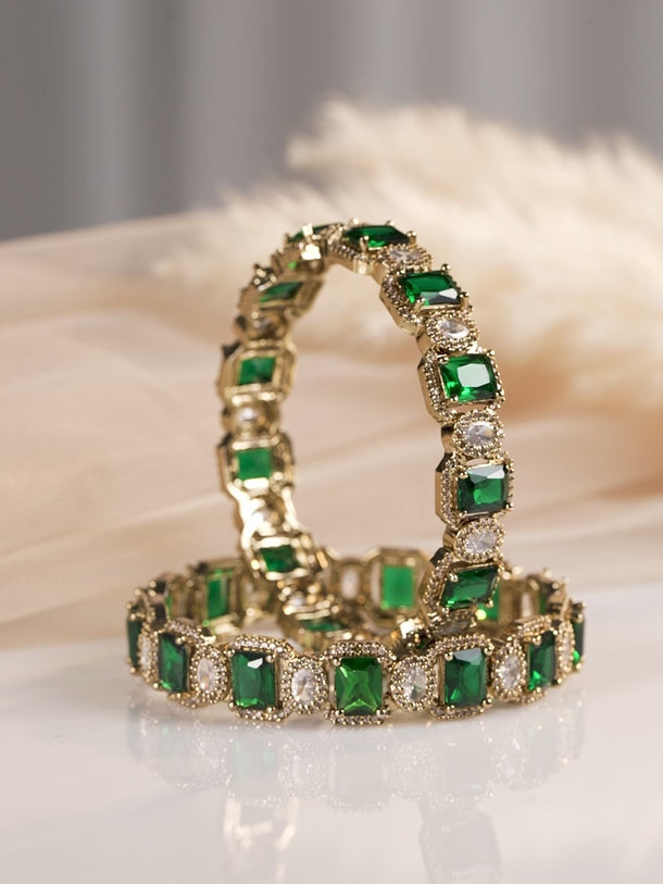 Rubans Set Of 2 22K Gold-Plated Emerald Green & White Cubic Zirconia Stone-Studded Bangles