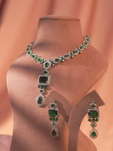 American Diamond Zirconia Studded Emerald Necklace Set