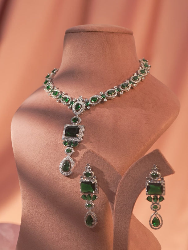 American Diamond Zirconia Studded Emerald Necklace Set