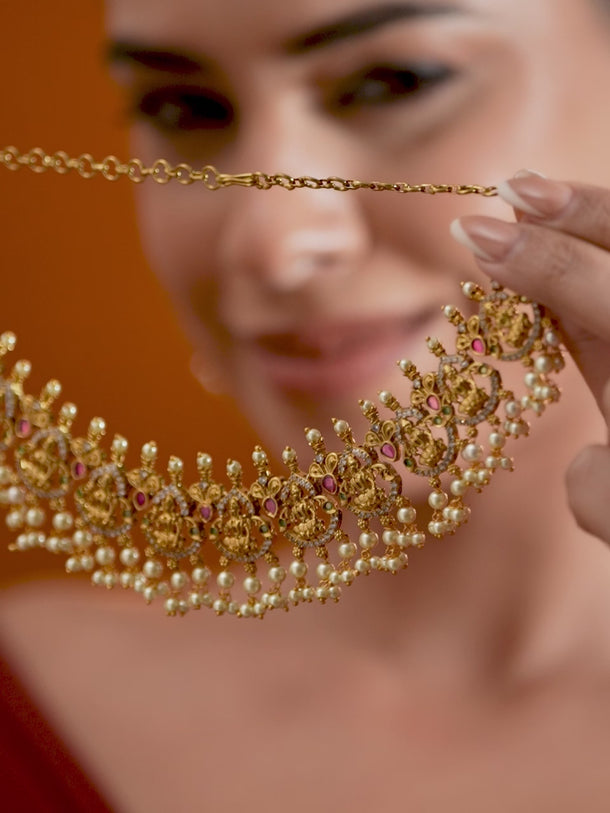 American Diamond Zirconia Pearl Drop Temple Necklace Set