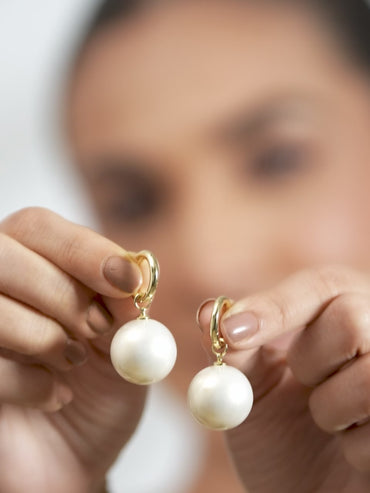 Golden Circles Pearl Hoop Drops