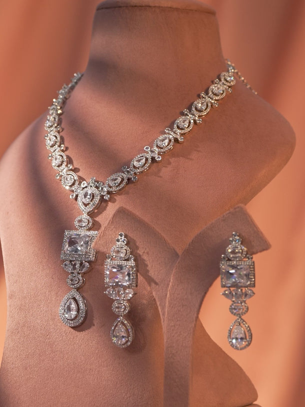 American Diamond Zirconia Geometric Teardrop Necklace Set