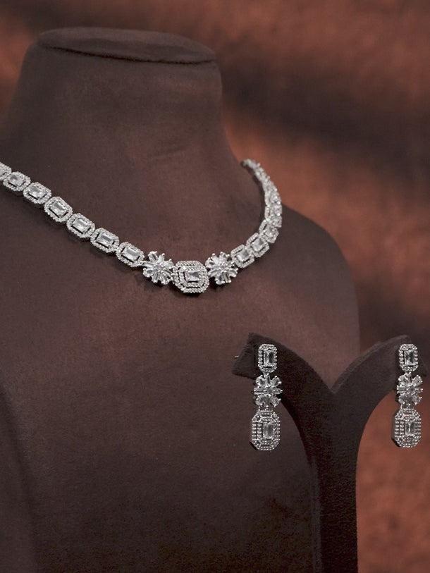 Rubans Rhodium Plated White Cubic Zirconia Stone Studded Floral Classic Jewellery Set