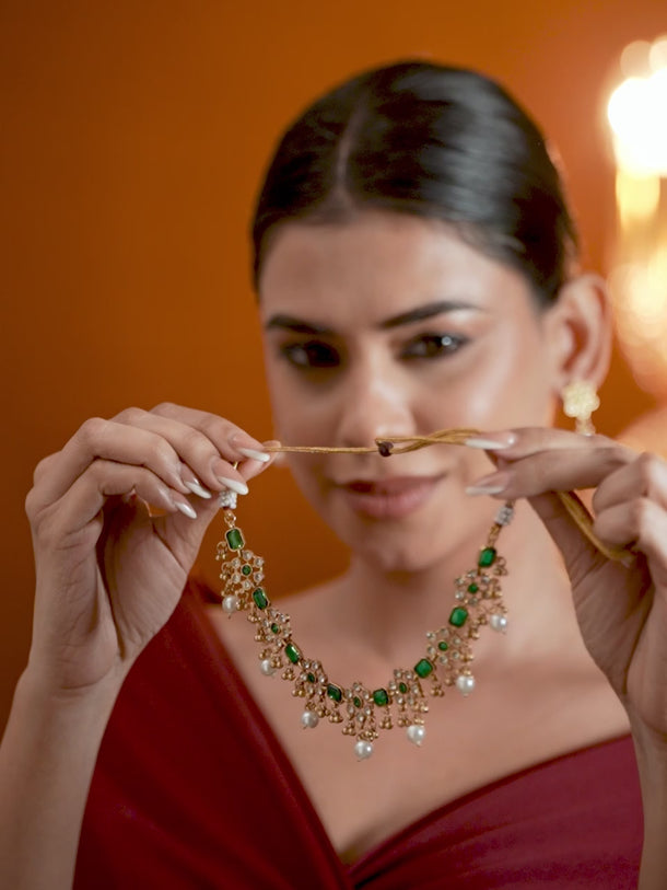 Floral Theme Kundan Green Necklace Set
