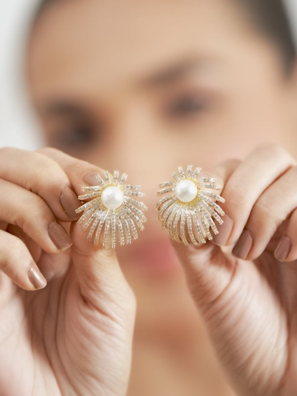 Radiant Starburst American Diamond Zirconia Pearl Studs