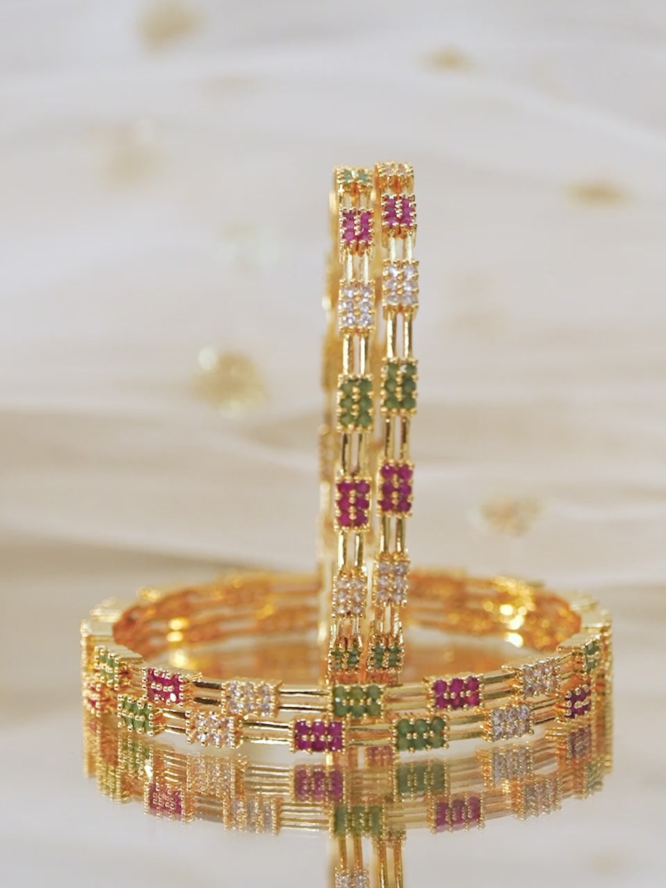 Rubans Set of 4, 22K Gold-Plated Multicolor Stone & Cubic Zirconia Handcrafted Bangles