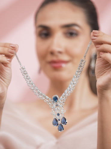 American Diamond Zirconia Blue Floral Necklace Set