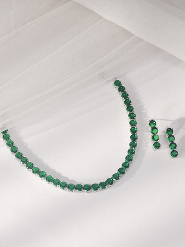 Rubans Silver Plated Emerald Green Stone Studded Necklace Set