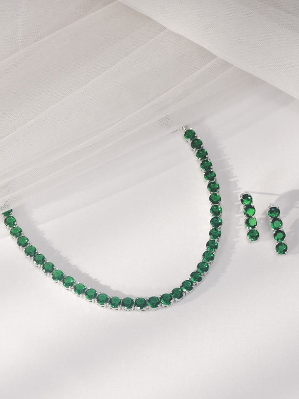 Rubans Silver Plated Emerald Green Stone Studded Necklace Set