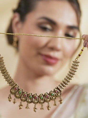 Peacock Motif Pink & Green Studded Necklace Set