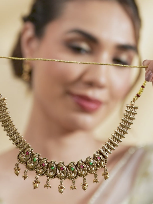 Peacock Motif Pink & Green Studded Necklace Set