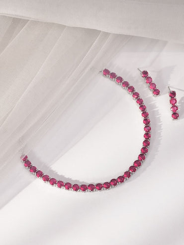 Rubans Silver Plated Ruby Pink Stone Studded Necklace Set