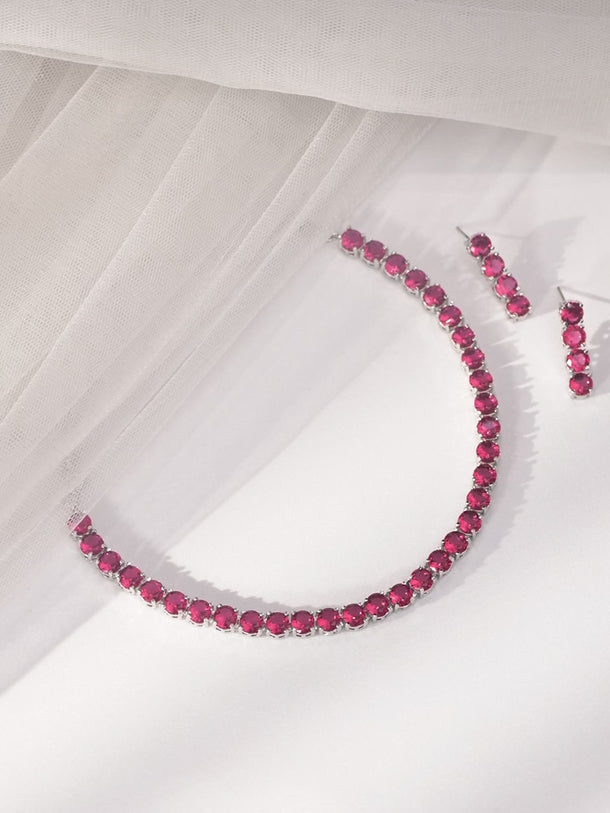 Rubans Silver Plated Ruby Pink Stone Studded Necklace Set