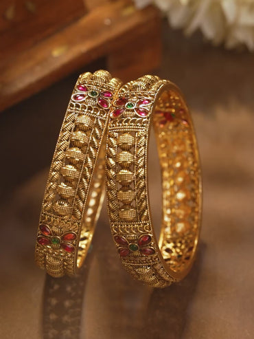 Pair Of Pink & Green Floral Golden Bangles