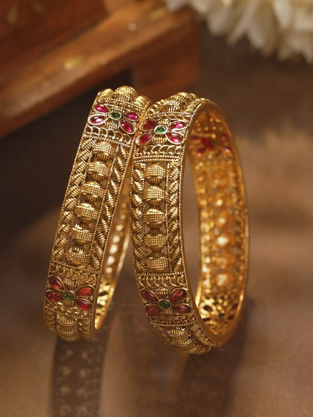 Pair Of Pink & Green Floral Golden Bangles