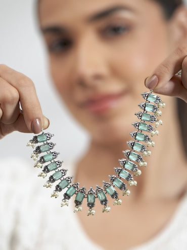 Oxidised Pearl Drop Green Necklace Set