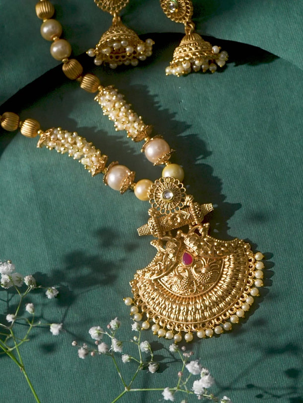 Rubans 22K Gold-Plated Pendant Jewellery Set with Golden & Pearl Beads and Ruby Red Stone