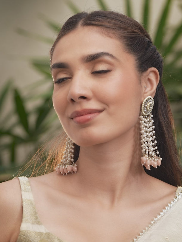 Rubans 22K Gold-Plated White, Red & Green Stone & Gold Pearl Beaded Handcrafted Jewellery Set