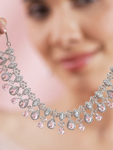 American Diamond Zirconia Pink Studded Necklace Set