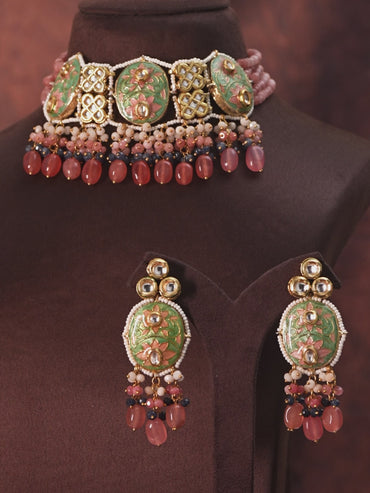 Rubans Luxury 24K Gold-Plated & Green Enamel And Kundan Stone Beaded Handcrafted Jewellery Set