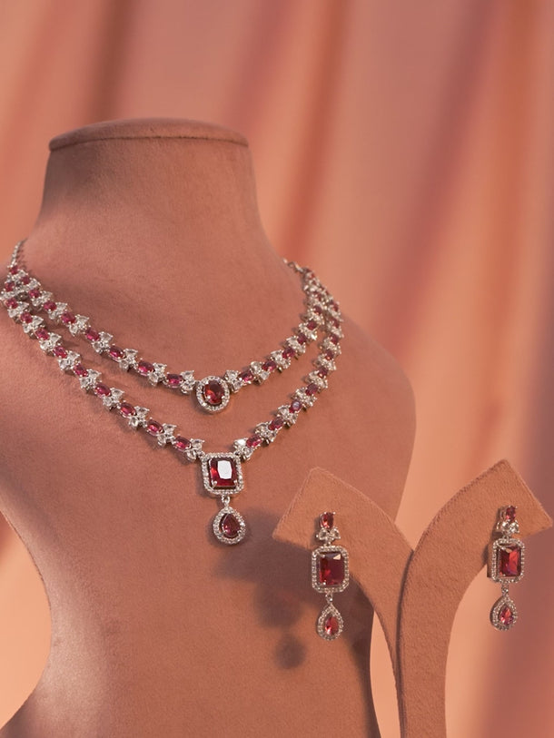 American Diamond Zirconia Ruby Layered Necklace Set