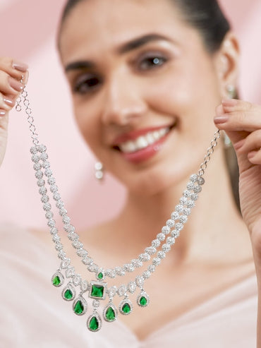 American Diamond Zirconia Layered Green Necklace Set