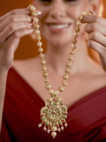 Rubans 24K Gold Plated Ruby & Emerald Stones and Pearl & Golden Beads Temple Jewelry Set