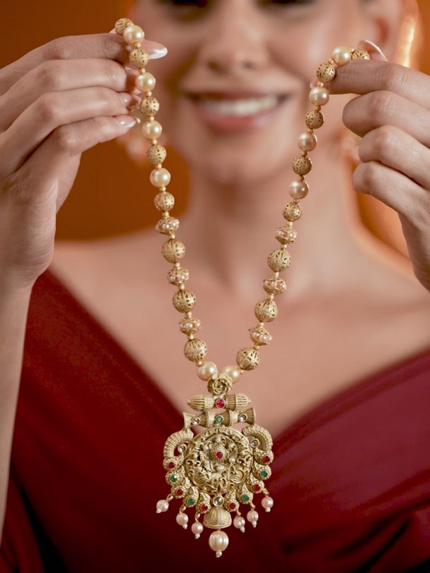 Rubans 24K Gold Plated Ruby & Emerald Stones and Pearl & Golden Beads Temple Jewelry Set