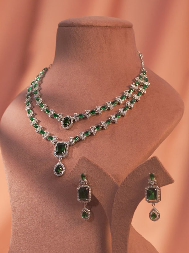 American Diamond Zirconia Green Layered Necklace Set