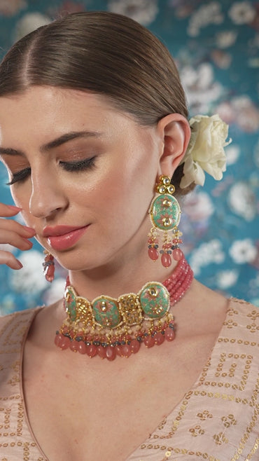 Rubans Luxury 24K Gold-Plated & Green Enamel And Kundan Stone Beaded Handcrafted Jewellery Set