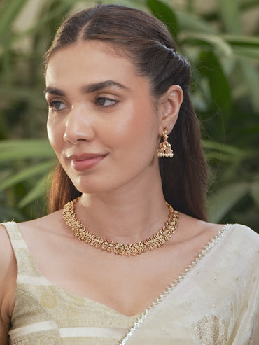 Rubans 22K Gold-Plated Ruby Red & Emerald Green Stone Studded Brass Necklace Jewellery Set