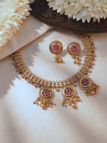 Temple Grace Green-Pink Golden Necklace Set