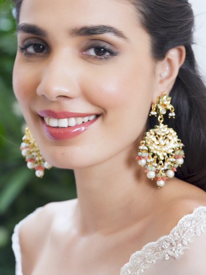 Rubans 22K Gold plated Kundan crystal with baroque pearls and pastel beaded statement Regal Chandbali Earrings
