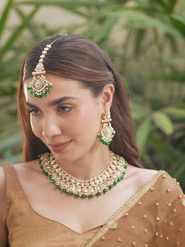 Rubans 22K Gold-Plated White Kundan & Green-White Pearl Bead Drops Handcrafted Bridal Necklace Set