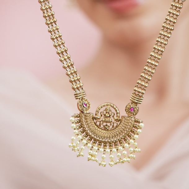 Laxmi Motif Pearl Drop Golden Necklace Set