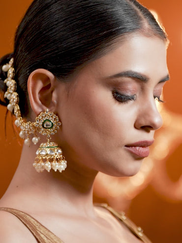 Radiant White Kundan Jhumka with Kaan Chain