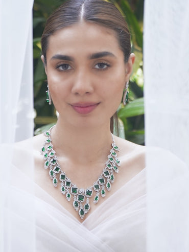 American Diamond Zirconia Floral Green Necklace Set