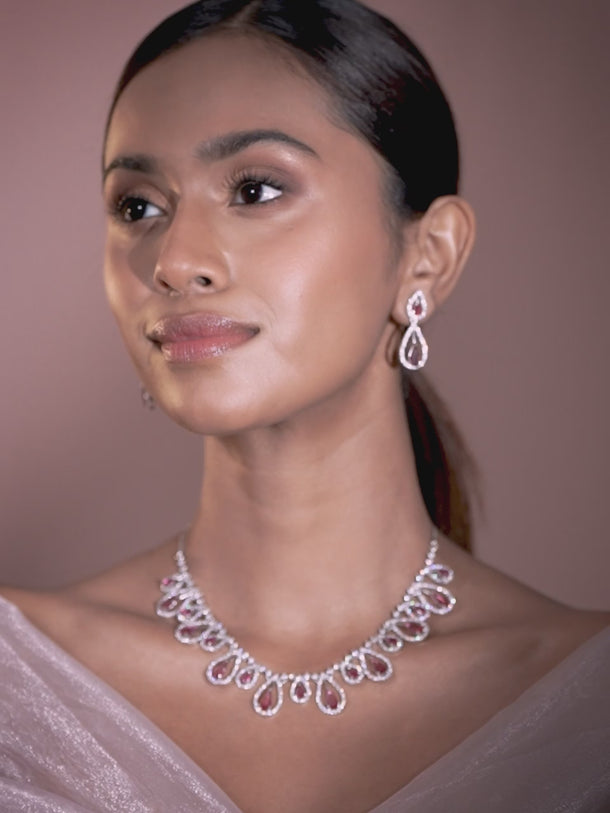Pink American Diamond Zirconia Teardrop Necklace Set