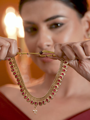 Ruby Pink Studded Golden Necklace Set