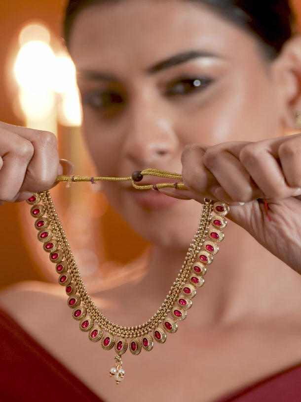 Ruby Pink Studded Golden Necklace Set